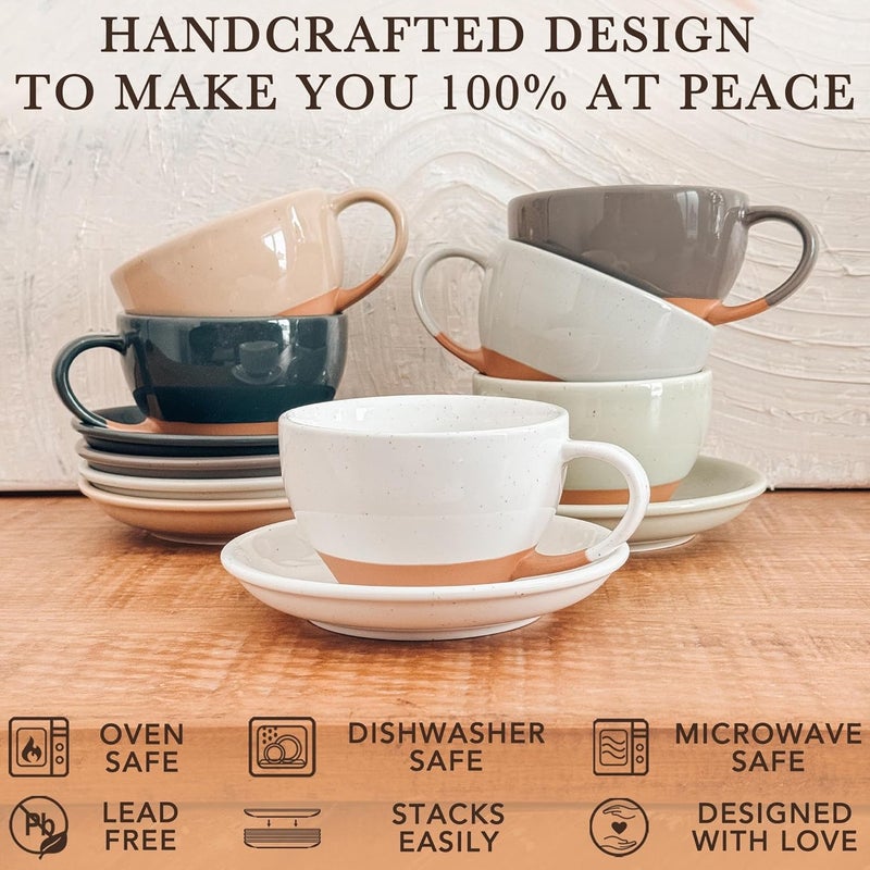 Mora Ceramic Latte Art Mug With Saucer  105 oz Round Bottom For Perfect Pours  Cafe Cups for Cappuccino Espresso Coffee Tea etc  Porcelain Set for Baristas Great Gift  Vanilla White - Image 4