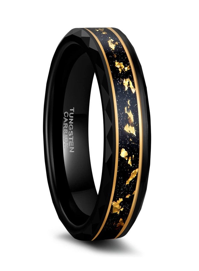 Greenpod 8MM Tungsten Carbide Rings for Men Hammered Polished Faceted Edge Wedding Band 24K Gold Plated Foil with Black Dinas Inlay Comfort Fit Size 10 - Image 1