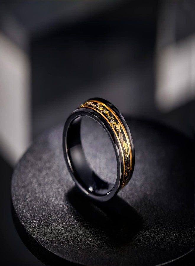 Greenpod 8MM Tungsten Carbide Rings for Men Hammered Polished Faceted Edge Wedding Band 24K Gold Plated Foil with Black Dinas Inlay Comfort Fit Size 10 - Image 3