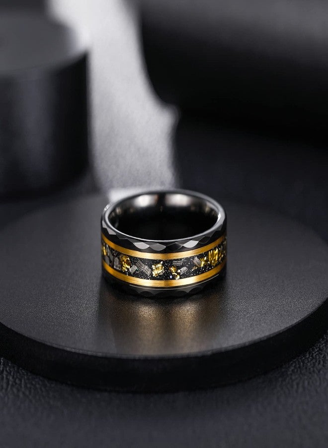 Greenpod 8MM Tungsten Carbide Rings for Men Hammered Polished Faceted Edge Wedding Band 24K Gold Plated Foil with Black Dinas Inlay Comfort Fit Size 10 - Image 2