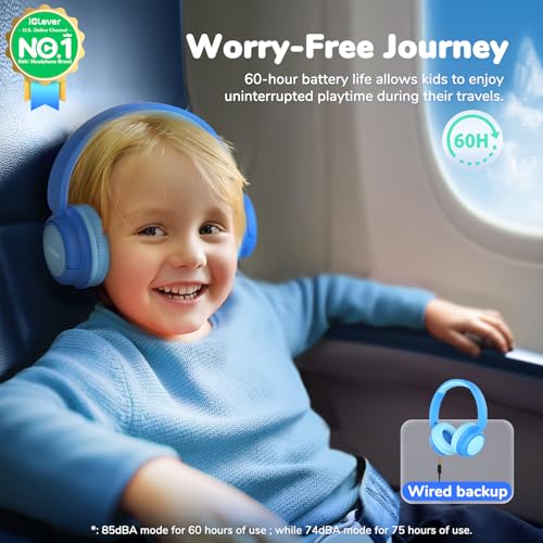 iClever BTH22 Kids Bluetooth Headphones, 60H Play Time, USB C Fast Charging, Bluetooth 5.4, AUX Cord,Safe Volume 74/85 dBA,Toddler Headphones for iPad/Tablet/Travel/School, Blue - Image 2
