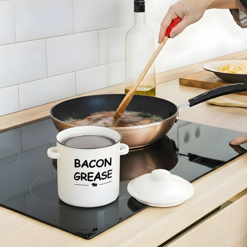 SOLIGT Ceramic Bacon Grease Container with Strainer - 600ml / 20oz Farmhouse Bacon Grease Keeper with Easy-Grip Handle, Bacon Fat Can for Grease Drippings and Storage - Creamy-white - Image 3