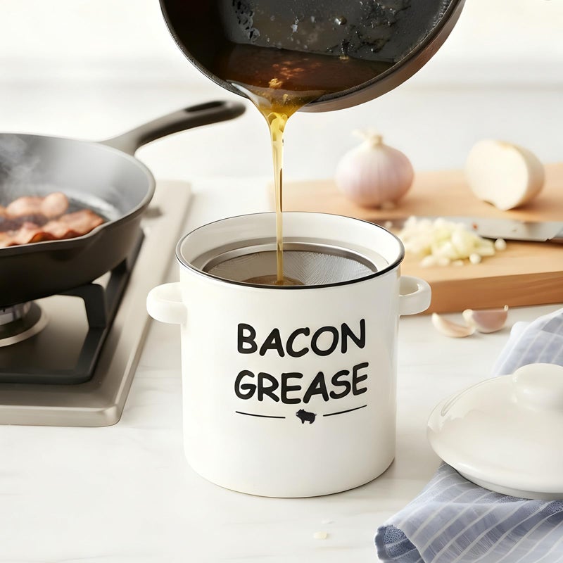 SOLIGT Ceramic Bacon Grease Container with Strainer - 600ml / 20oz Farmhouse Bacon Grease Keeper with Easy-Grip Handle, Bacon Fat Can for Grease Drippings and Storage - Creamy-white - Image 4