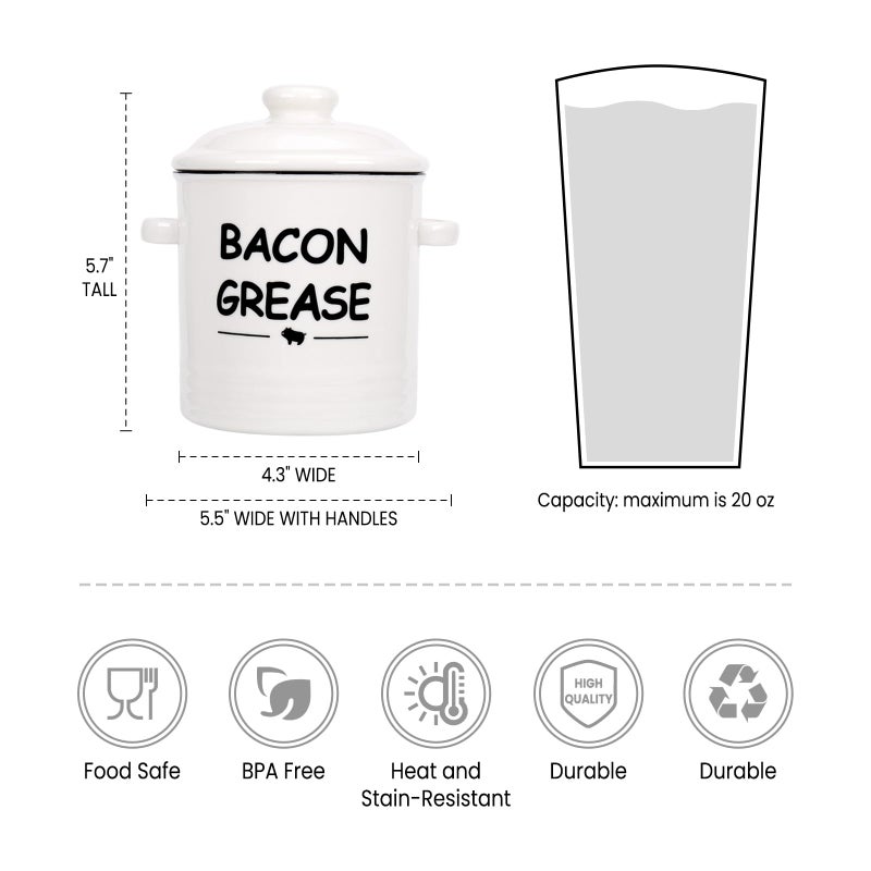 SOLIGT Ceramic Bacon Grease Container with Strainer - 600ml / 20oz Farmhouse Bacon Grease Keeper with Easy-Grip Handle, Bacon Fat Can for Grease Drippings and Storage - Creamy-white - Image 2