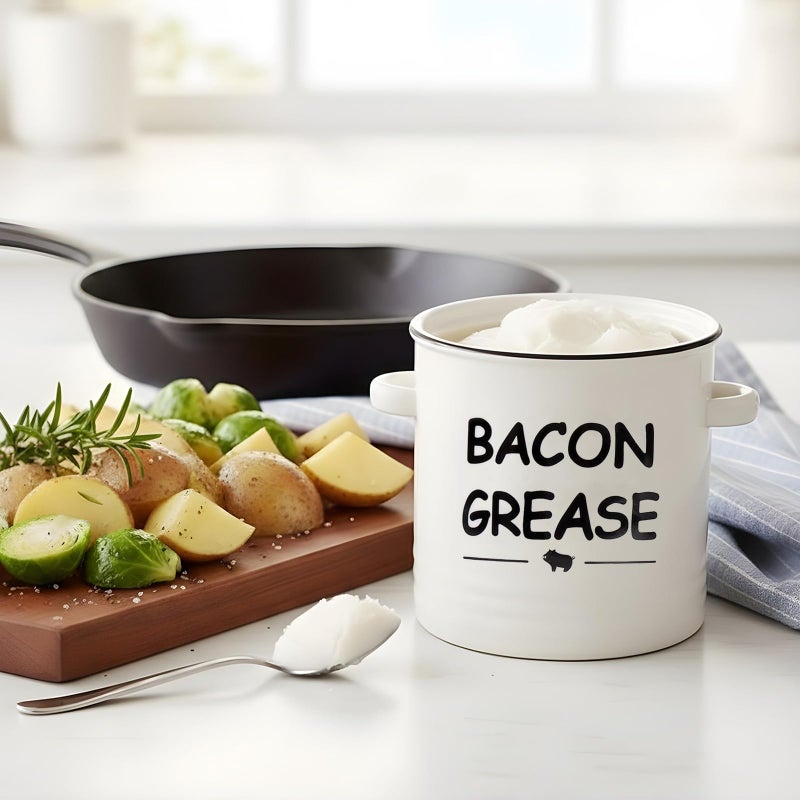 SOLIGT Ceramic Bacon Grease Container with Strainer - 600ml / 20oz Farmhouse Bacon Grease Keeper with Easy-Grip Handle, Bacon Fat Can for Grease Drippings and Storage - Creamy-white - Image 5