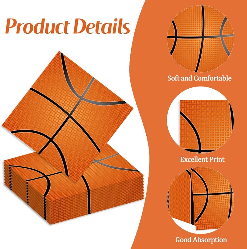 KFJBPB 50 Pcs Basketball Napkins 13 x 13 Inches, Basketball Paper Napkins Sports Theme Disposable Cocktail Napkins for Birthday Baby Shower Basketball Party Decorations (Basketball) - Image 3