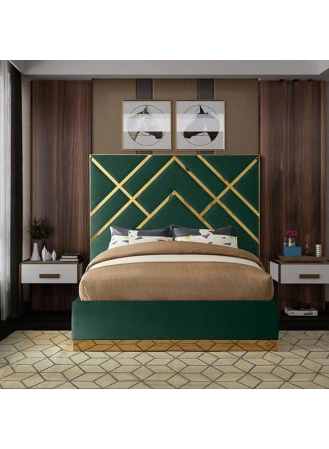 KUSTOMDECO Luxury King Size Bed with Green & Gold Geometric Headboard | Modern Designer Bed Frame with Side Tables Customizable  – Modern Style Bed King Size Bed 180cm x 200cm (Green) - Image 1