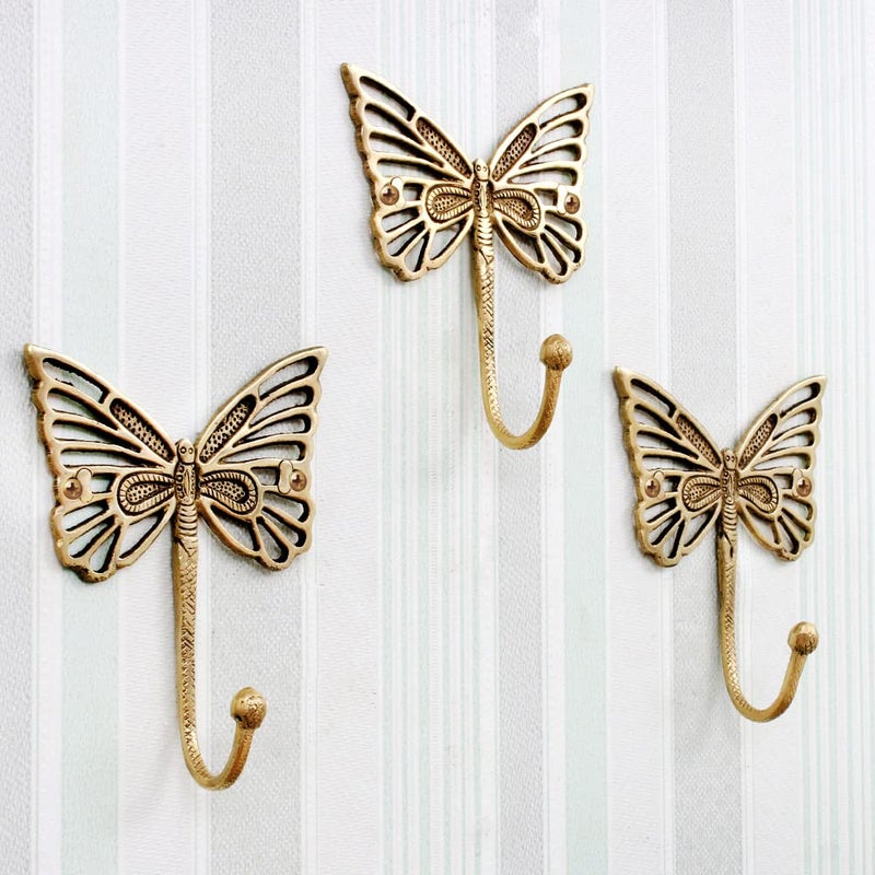 Indian-Shelf IndianShelf Decorative Brass Butterfly Cute Kids Wall Hooks Heavy Duty Coat Rack Wall Mount Vintage Gold Towel Hooks for Hanging Coats Keys Backpack Purse Hat Jewelry More 3 Pack - Image 1
