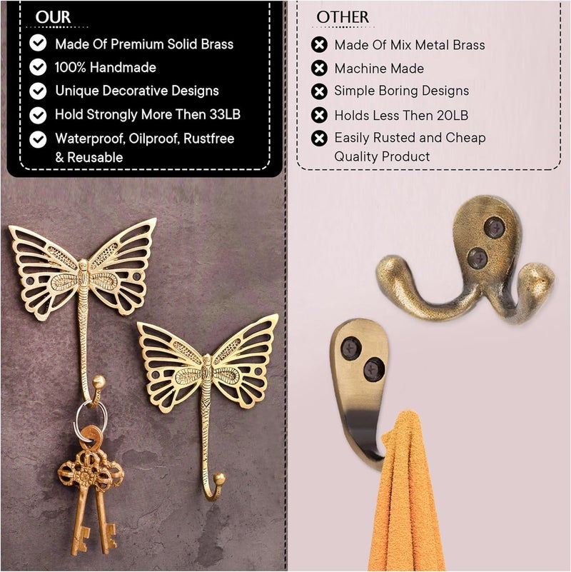 Indian-Shelf IndianShelf Decorative Brass Butterfly Cute Kids Wall Hooks Heavy Duty Coat Rack Wall Mount Vintage Gold Towel Hooks for Hanging Coats Keys Backpack Purse Hat Jewelry More 3 Pack - Image 4