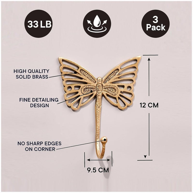 Indian-Shelf IndianShelf Decorative Brass Butterfly Cute Kids Wall Hooks Heavy Duty Coat Rack Wall Mount Vintage Gold Towel Hooks for Hanging Coats Keys Backpack Purse Hat Jewelry More 3 Pack - Image 5