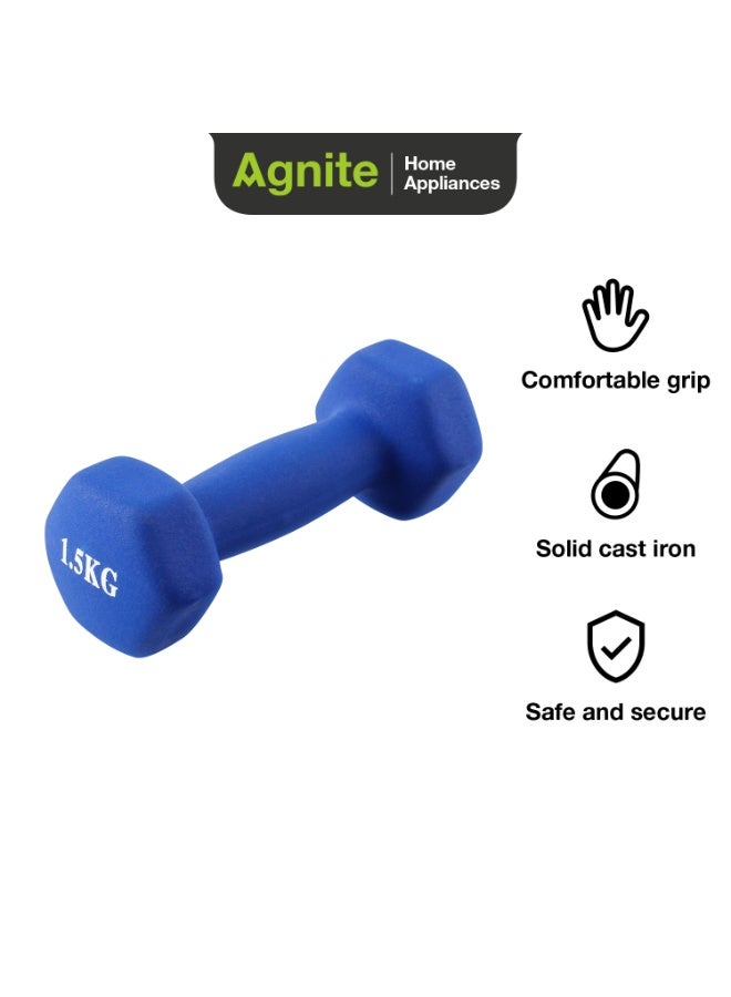 Agnite ER082 Neoprene Dumbbell  1.5Kg 1 piece , Solid Cast Iron Hand Weights With Non-Slip Grip, Hexagonal Design For Home Workouts, Strength Training & Fitness, Blue Color. - Image 1