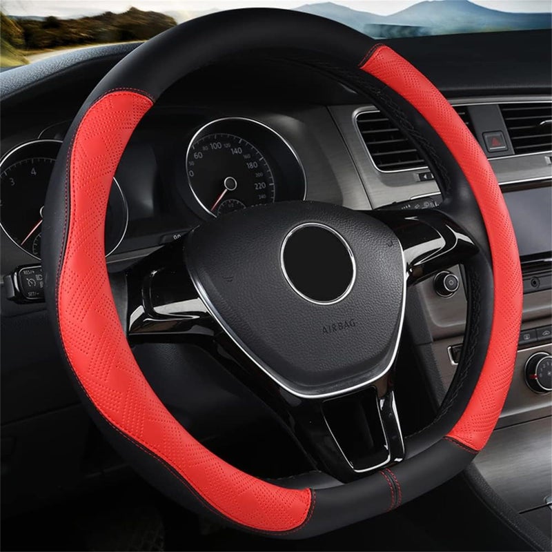 D Shape Steering Wheel Cover - Microfiber Leather D Type, Breathable Anti-Slip Flat Bottom Shaped Steering Wheel Cover for Women & Men, 15 inch (RED)