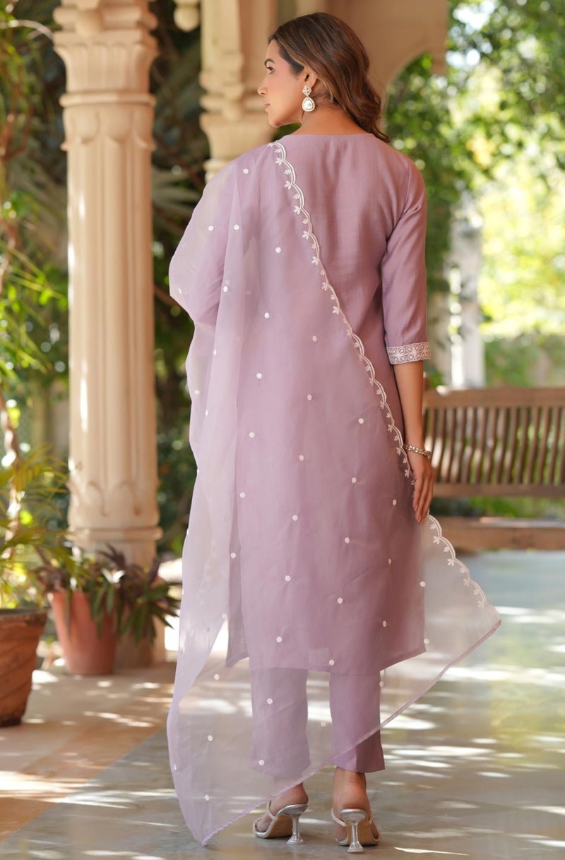 Janasya Women Silk Blend Embroidered Kurta with Pant & Dupatta Lavender Color Trending Outfit - Image 4