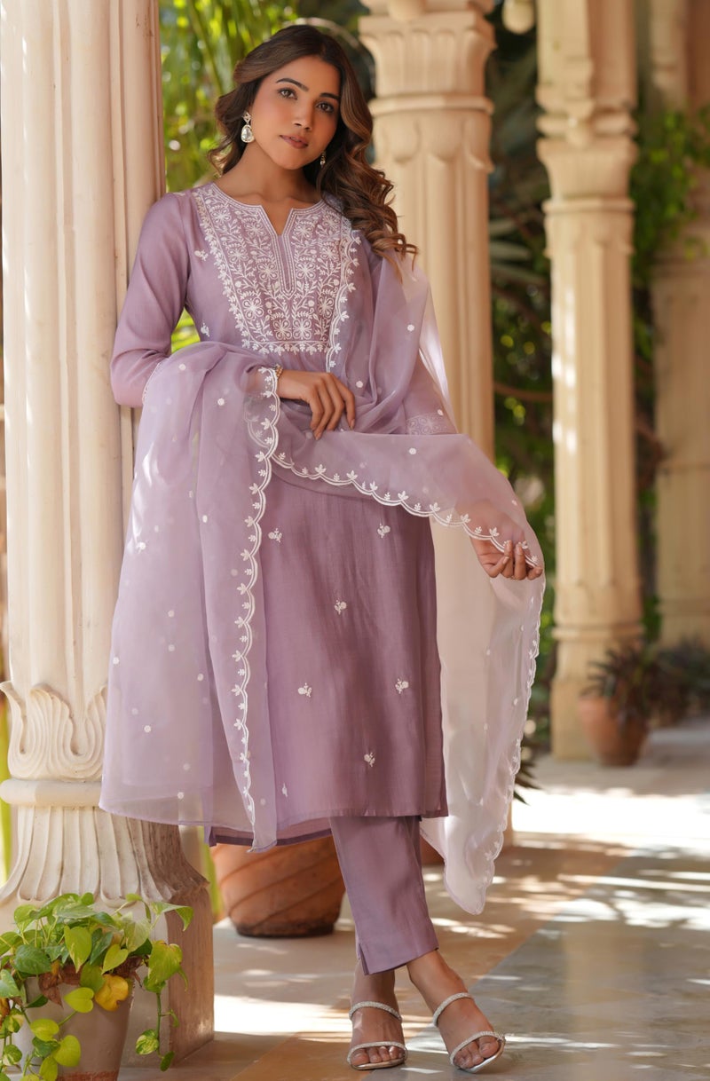 Janasya Women Silk Blend Embroidered Kurta with Pant & Dupatta Lavender Color Trending Outfit - Image 5