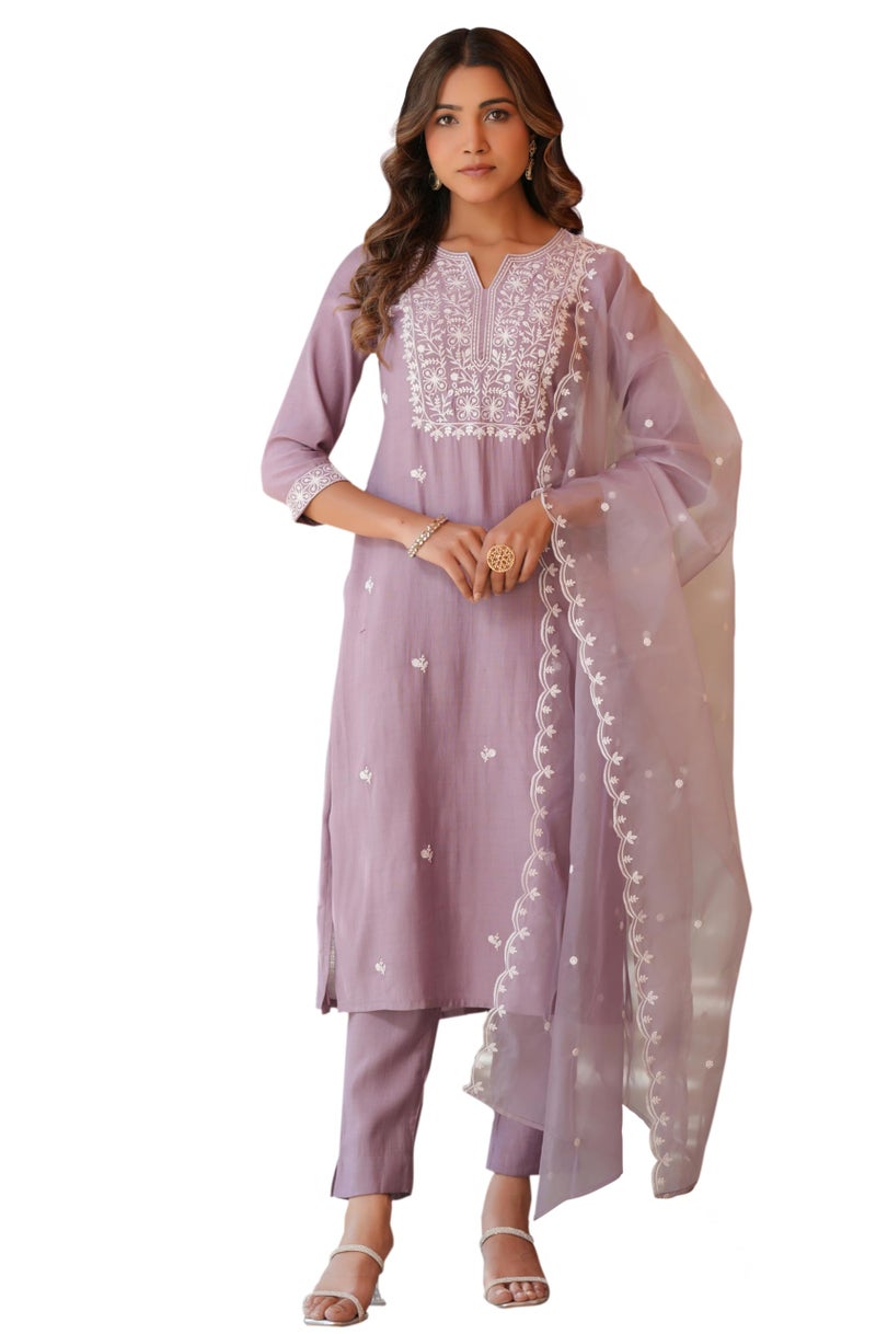 Janasya Women Silk Blend Embroidered Kurta with Pant & Dupatta Lavender Color Trending Outfit - Image 1