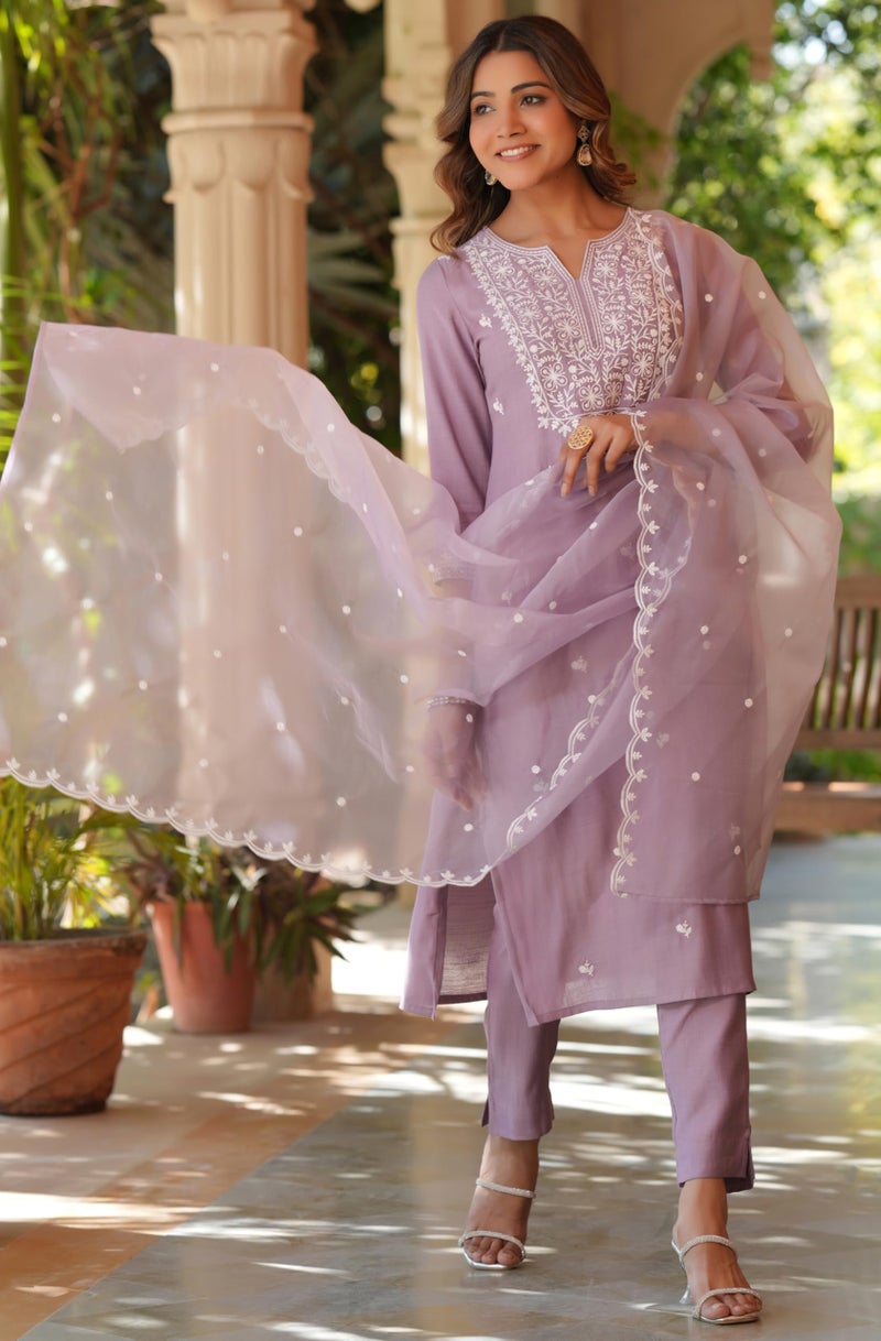 Janasya Women Silk Blend Embroidered Kurta with Pant & Dupatta Lavender Color Trending Outfit - Image 3