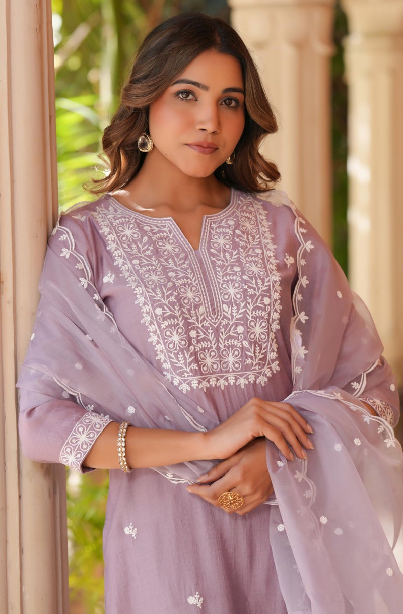 Janasya Women Silk Blend Embroidered Kurta with Pant & Dupatta Lavender Color Trending Outfit - Image 2