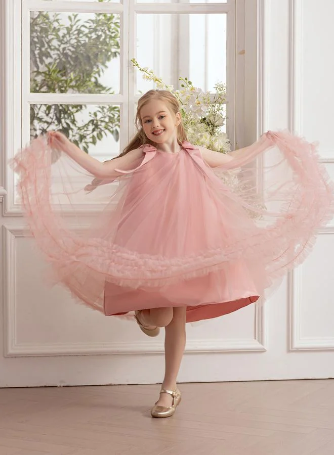 Take Two Girls Bow Tie Ruffle Hem Mesh Party Dress