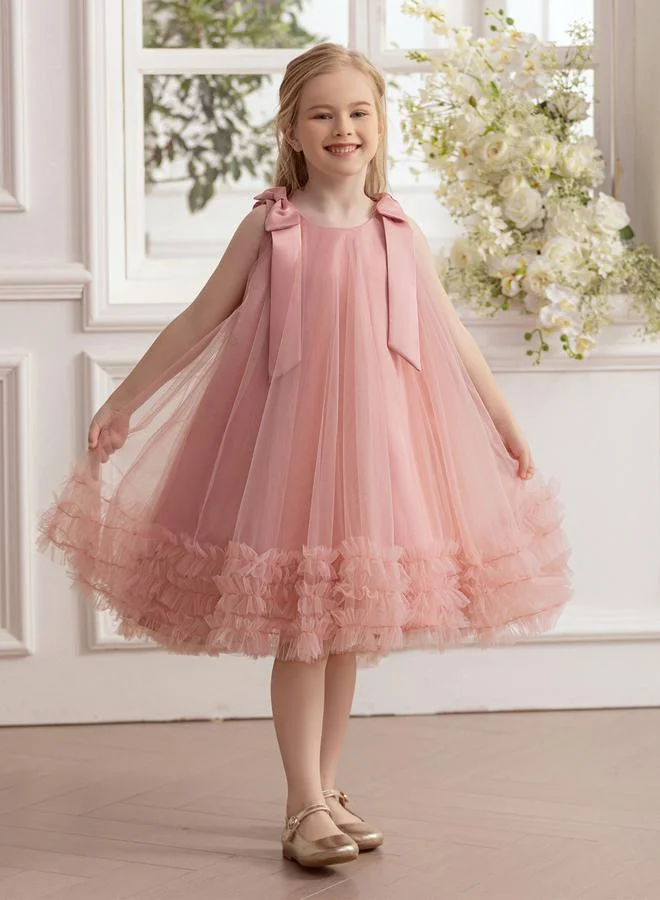 Take Two Girls Bow Tie Ruffle Hem Mesh Party Dress
