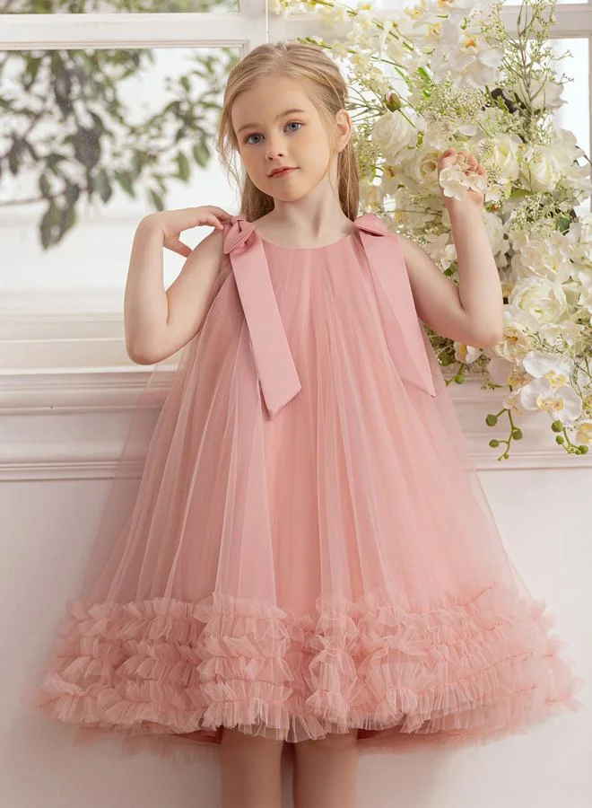 Take Two Girls Bow Tie Ruffle Hem Mesh Party Dress