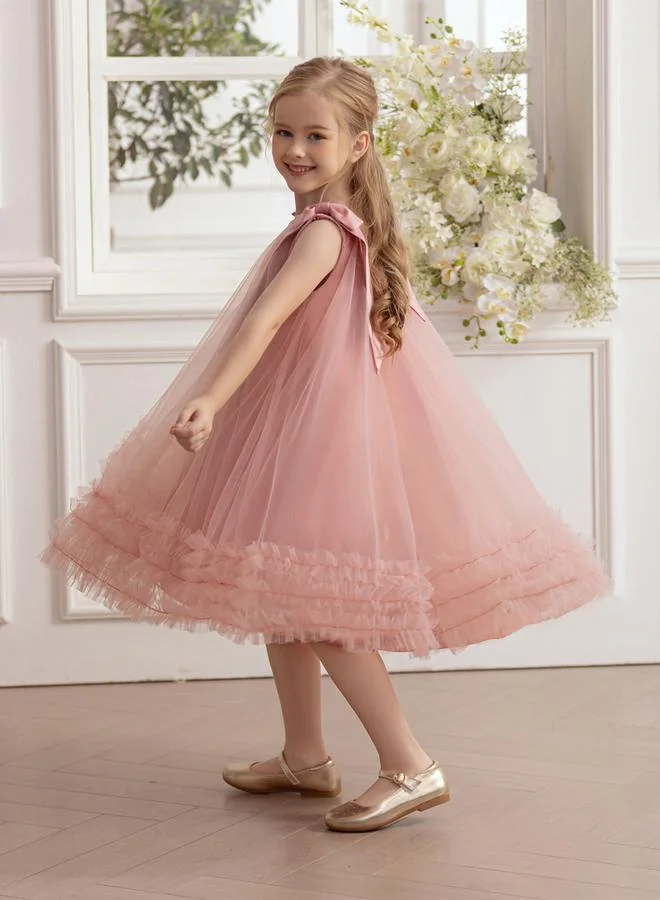 Take Two Girls Bow Tie Ruffle Hem Mesh Party Dress