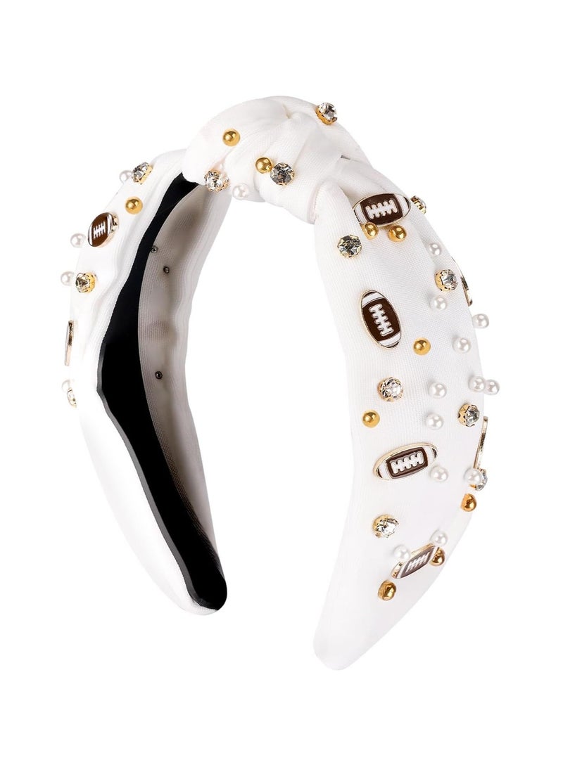 KASTWAVE Wide Rugby Headband for Women with Pearl Rhinestone - Knotted Rugby Charm Crystal Hairband - Sports Hair Accessory for Fan Games, Stylish and Sparkling - Image 1