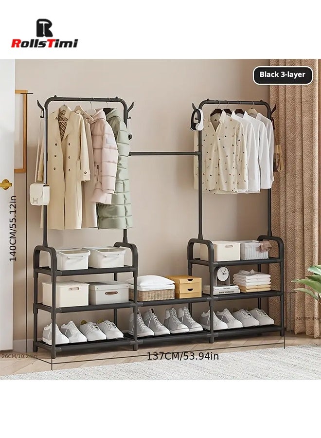 RollsTimi  Clothing Rack, 3-in-1 Garment Rack, Non-Woven Shelves for Shoes,Freestanding Wardrobe Closet Storage Rack for Bedroom Living Room Entryway Space-Saving - Image 3