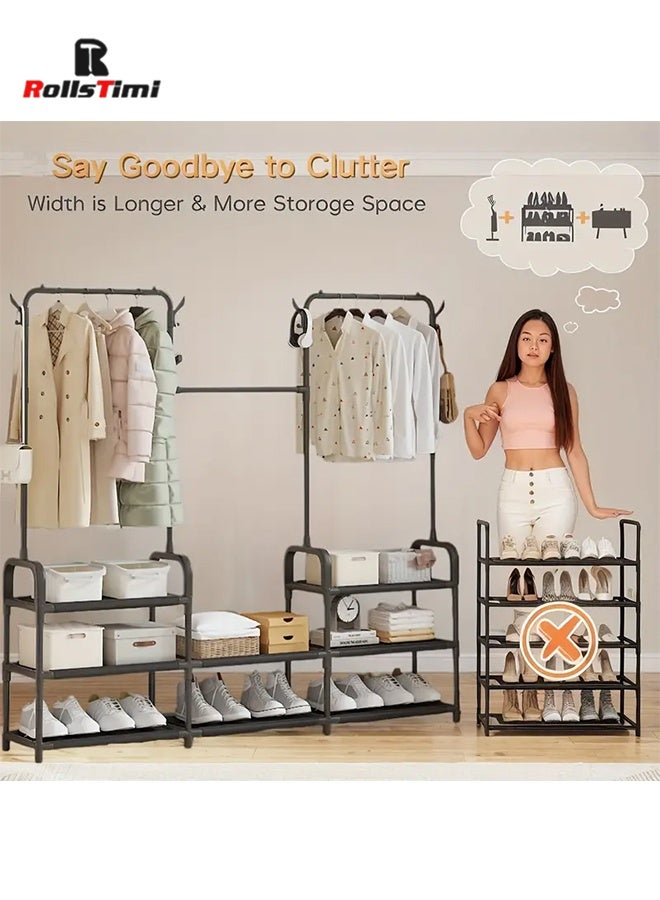 RollsTimi  Clothing Rack, 3-in-1 Garment Rack, Non-Woven Shelves for Shoes,Freestanding Wardrobe Closet Storage Rack for Bedroom Living Room Entryway Space-Saving - Image 5