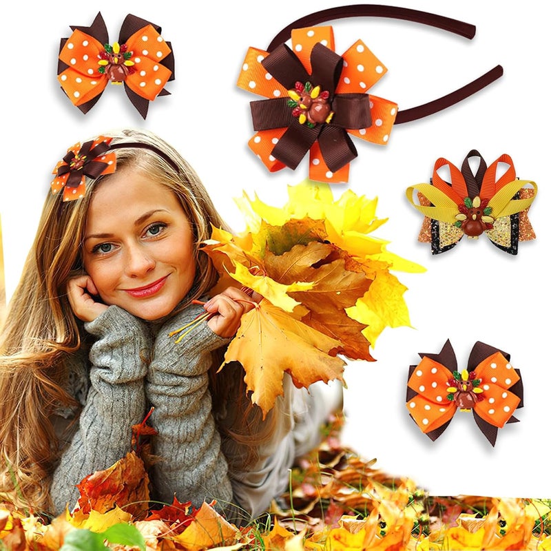 طقم مشابك شعر مع رباط رأس على شكل ديك رومي لعيد الشكر للنساء، أقواس لامعة لخريف، مشابك شعر مزينة بنقاط، إكسسوارات شعر للفتيات لمهرجان الخريف واحتفالات عيد الميلاد 4 قطع