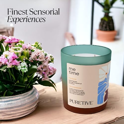 Puretive Notes by Puretive Me Time Candle | Green Tea Lemongrass Jasmine Musk | 100% Pure Soy Wax Scented Candle Double Wick 35 Hr Burn Aromatherapy for Relaxation, Stress, Gifting & Home Décor Large 170gms - Image 2