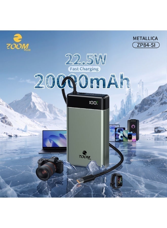 Zoom Plus Metallica Power Bank 20000mAh, PD 22.5W Fast Charging Portable Power Bank with Digital Display, Built-In Cable & Premium Metallic Design – Orange - Image 1