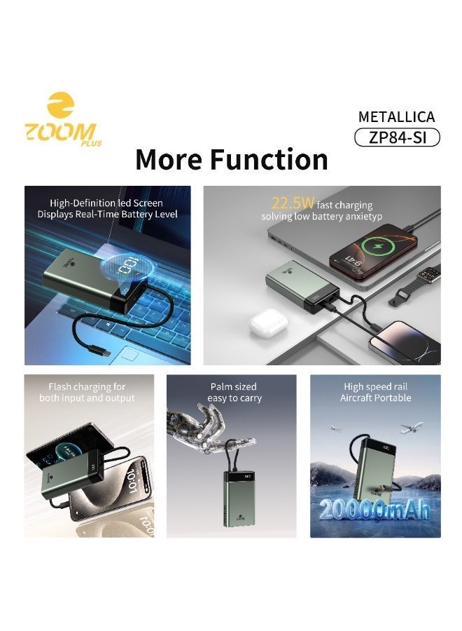 Zoom Plus Metallica Power Bank 20000mAh, PD 22.5W Fast Charging Portable Power Bank with Digital Display, Built-In Cable & Premium Metallic Design – Orange - Image 3