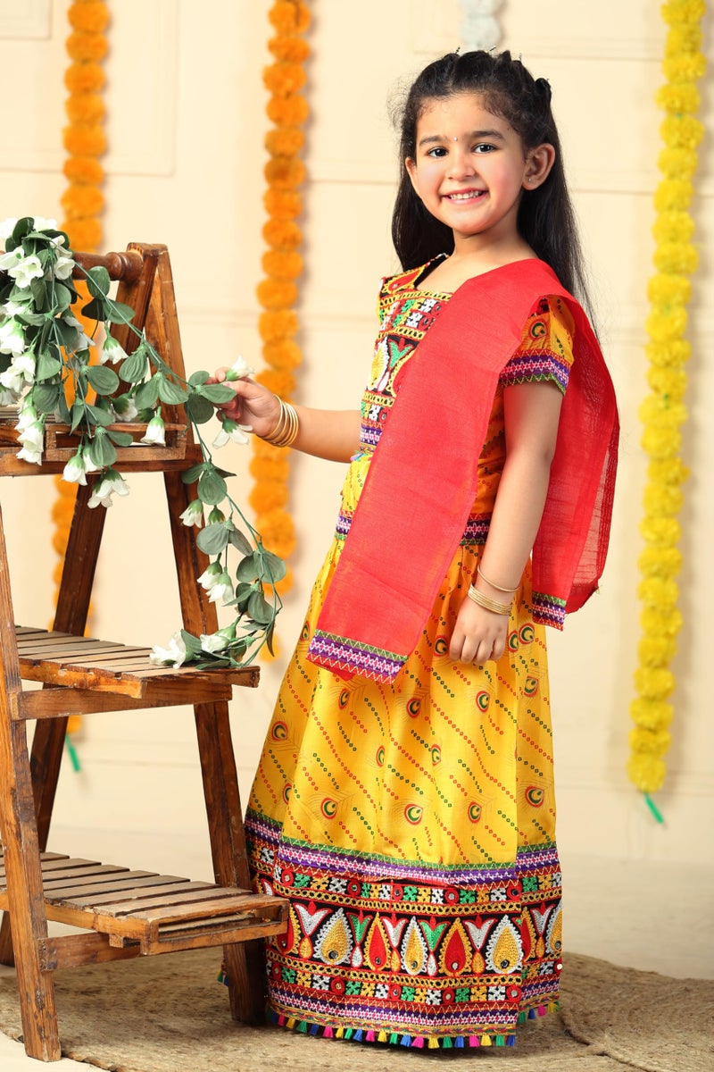 AHHAAAA Kids Embroidered Traditional Ghoomar Lehenga Choli with Dupatta for Girls (3-4 Years, Yellow) | Material: Cotton Blend | Finish Type: Readymade - Image 4