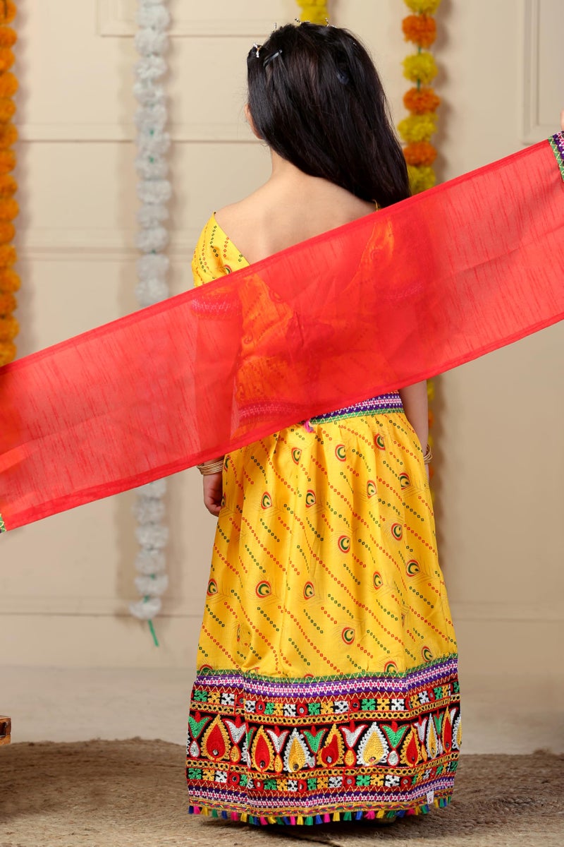 AHHAAAA Kids Embroidered Traditional Ghoomar Lehenga Choli with Dupatta for Girls (3-4 Years, Yellow) | Material: Cotton Blend | Finish Type: Readymade - Image 3