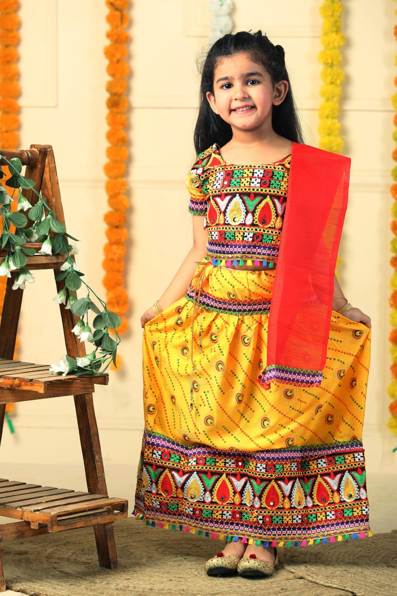 AHHAAAA Kids Embroidered Traditional Ghoomar Lehenga Choli with Dupatta for Girls (3-4 Years, Yellow) | Material: Cotton Blend | Finish Type: Readymade - Image 5