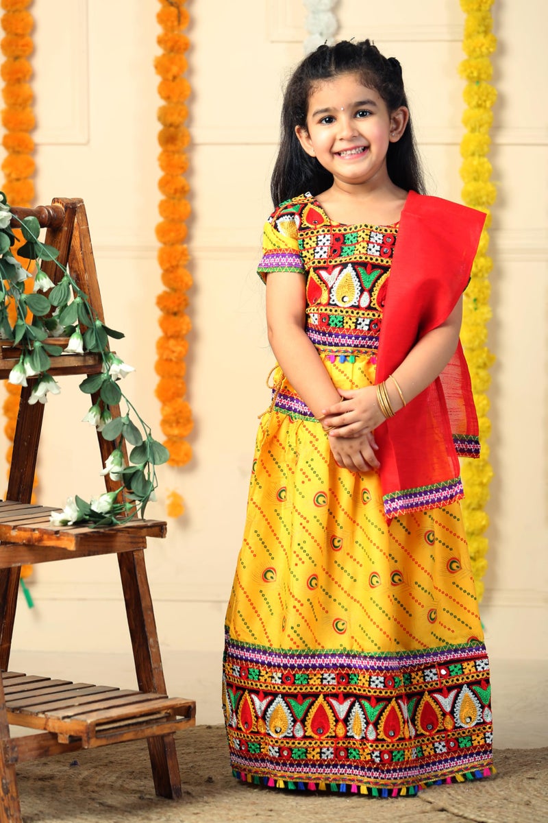 AHHAAAA Kids Embroidered Traditional Ghoomar Lehenga Choli with Dupatta for Girls (3-4 Years, Yellow) | Material: Cotton Blend | Finish Type: Readymade - Image 2