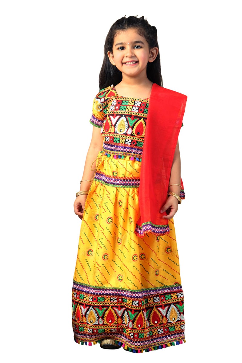 AHHAAAA Kids Embroidered Traditional Ghoomar Lehenga Choli with Dupatta for Girls (3-4 Years, Yellow) | Material: Cotton Blend | Finish Type: Readymade - Image 1