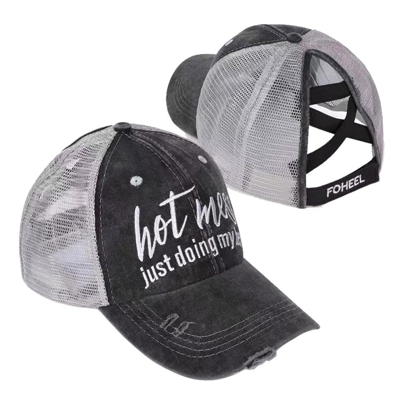 FOHEEL Criss Cross Ponytail Hat for Womens High Mesh Baseball Cap Distressed Messy Trucker Pony Hat Hot - Image 1