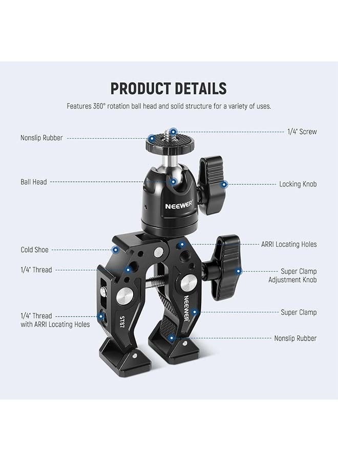 Multi-functional Mounting Kit for GoPro, DJI, iPhone 15 Pro Max. Includes Super Clamp, Ballhead, Cold Shoe, Phone Holder, and Action Camera Mount Adapter. Compatible with Flat/Round Surfaces. Ideal - Image 2