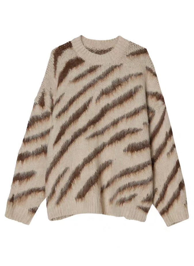 Generic - Zebra Pattern Womens Sweater New Arrival Hong Kong Style Vintage Design Sensibility Niche Loose Fit Lazy Pullover Knit Top Brown - Image 1