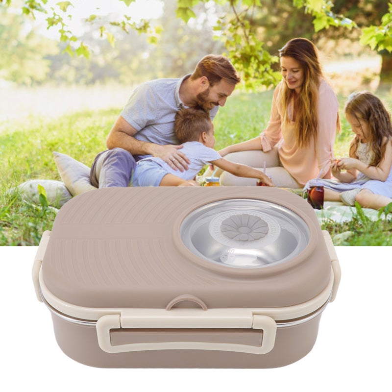 Camera Shaped Bento Lunch Box: Brown, Double Layer Stainless Steel Compartment - BPA-Free Leakproof Thermal Container for Kids, Students, Picnic, Camping - Image 2