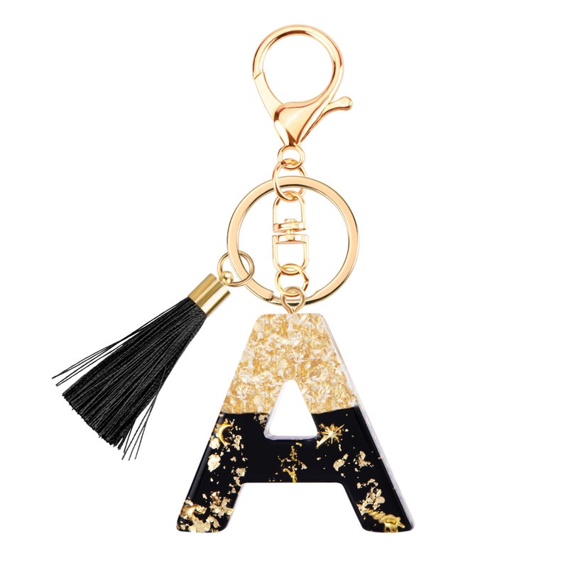 Suweibuke Fashion Black Key Chains for Women Girls, Initial Letter Keychains with Tassel, Charms for Key Purse Handbags Backpacks (Black-A) - Image 1