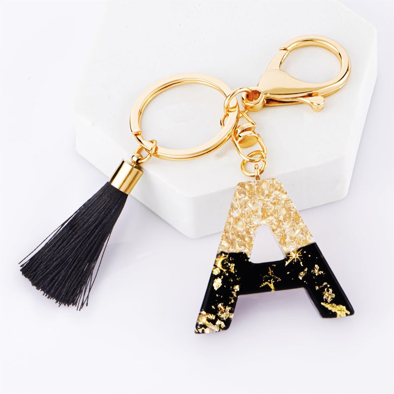 Suweibuke Fashion Black Key Chains for Women Girls, Initial Letter Keychains with Tassel, Charms for Key Purse Handbags Backpacks (Black-A) - Image 2
