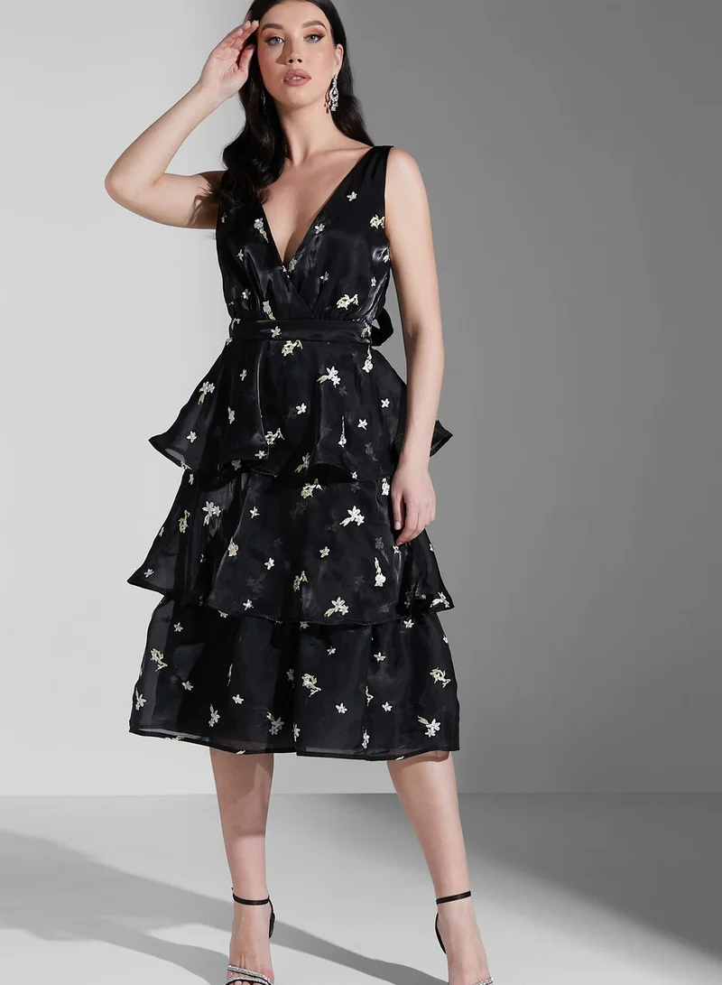 True Decadence Floral Bow Back Tiered Midi Dress