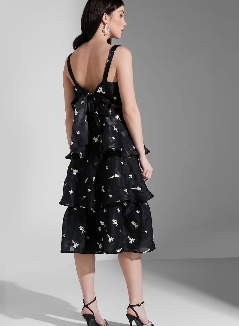 True Decadence Floral Bow Back Tiered Midi Dress