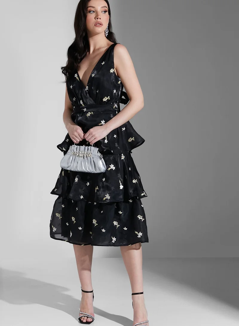 True Decadence Floral Bow Back Tiered Midi Dress