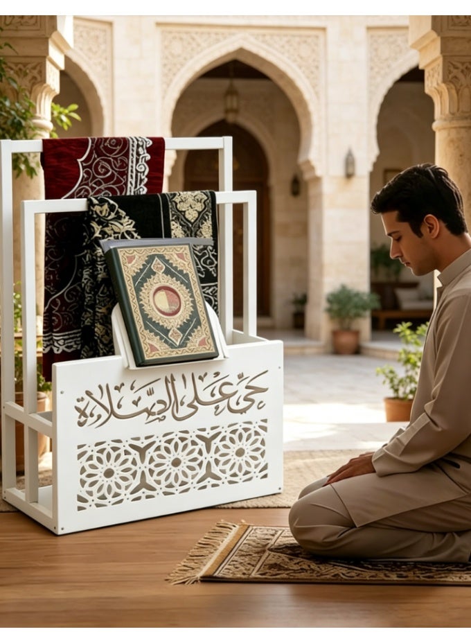 CityRiya-Long Wooden Quran and Prayer Mat Stand, Ideal Gift for Ramadan & Islamic Home Decor, Elegant Prayer Rug Holder and Organizer (YB254-WHITE) - Image 1