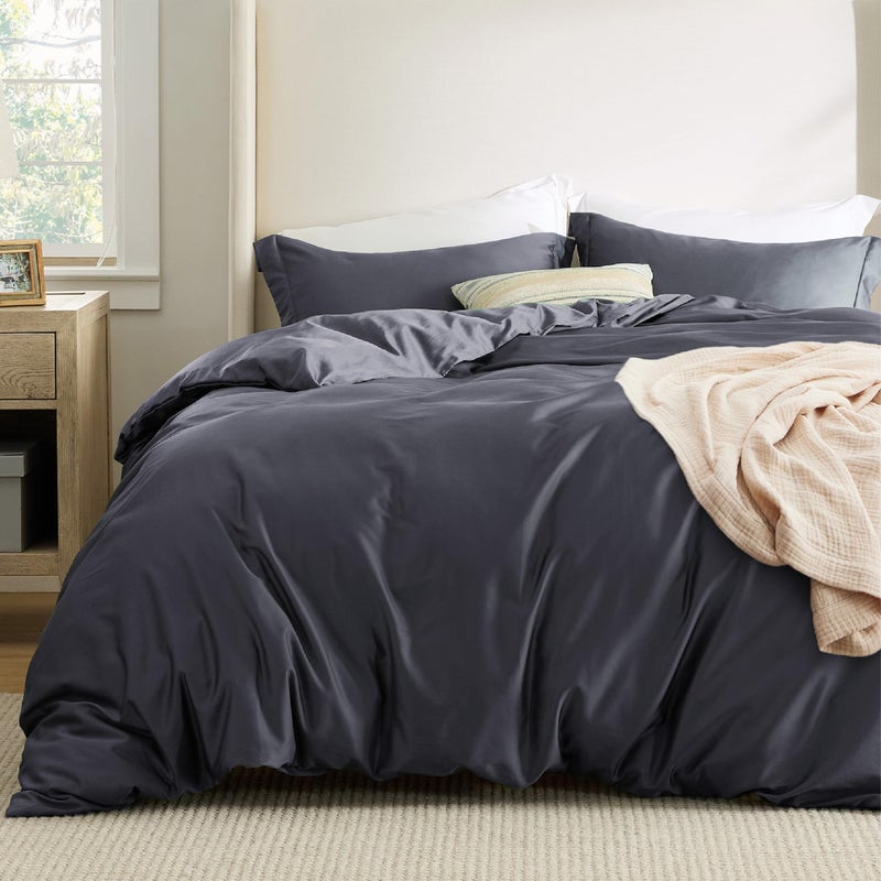Bedsure 3 Pcs Duvet Cover Set Queen Size (230 cm x 230 cm) with 2 Pillow Shams (50 cm x 66 cm) - Moisture-Wicking, Cooling Silky Eucalyptus Lyocell Cotton Blend Ideal for Hot Sleeper - GentleSoft™ and Breathable, Dark Grey - Image 1