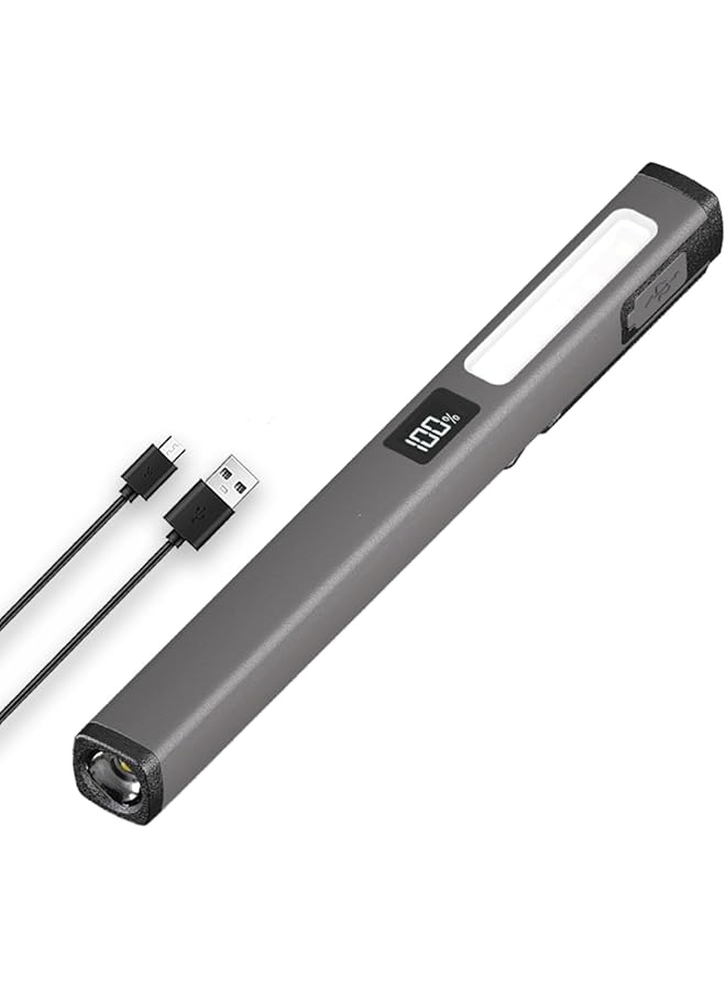 KASTWAVE Rechargeable Pen Flashlight with COB Work Light ? Compact LED Pocket for Home Car and Emergencies USB C Charging 6 Stage Lighting Modes LCD Display Portable Mini Electric Torch (Grey) - Image 1