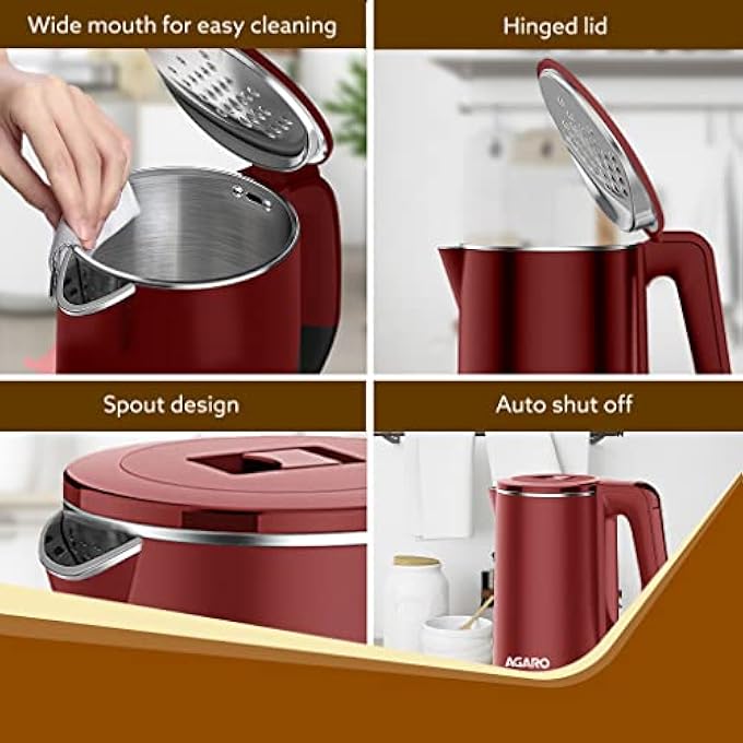 AGARO Elegant Electric Kettle 18 Liter Double Layered Kettle Stainless Steel Inner Body Auto Shut Off Boil Dry Protection Portable Red 1500 Watts - Image 5